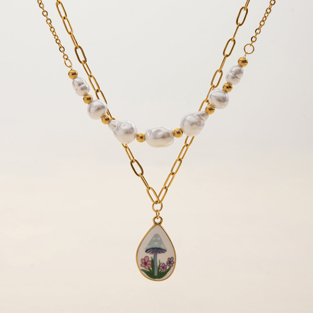 Wholesale 18K Gold Stainless Steel Pearl Double-Layer Necklace