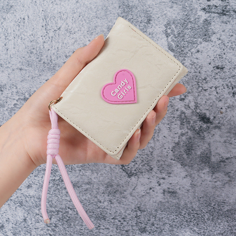 Wholesale PU Women' s Tri-Fold Wallet,  Korean Style Cute Heart Pattern,  Short Lanyard Purse,  Everyday Fashion Accessory