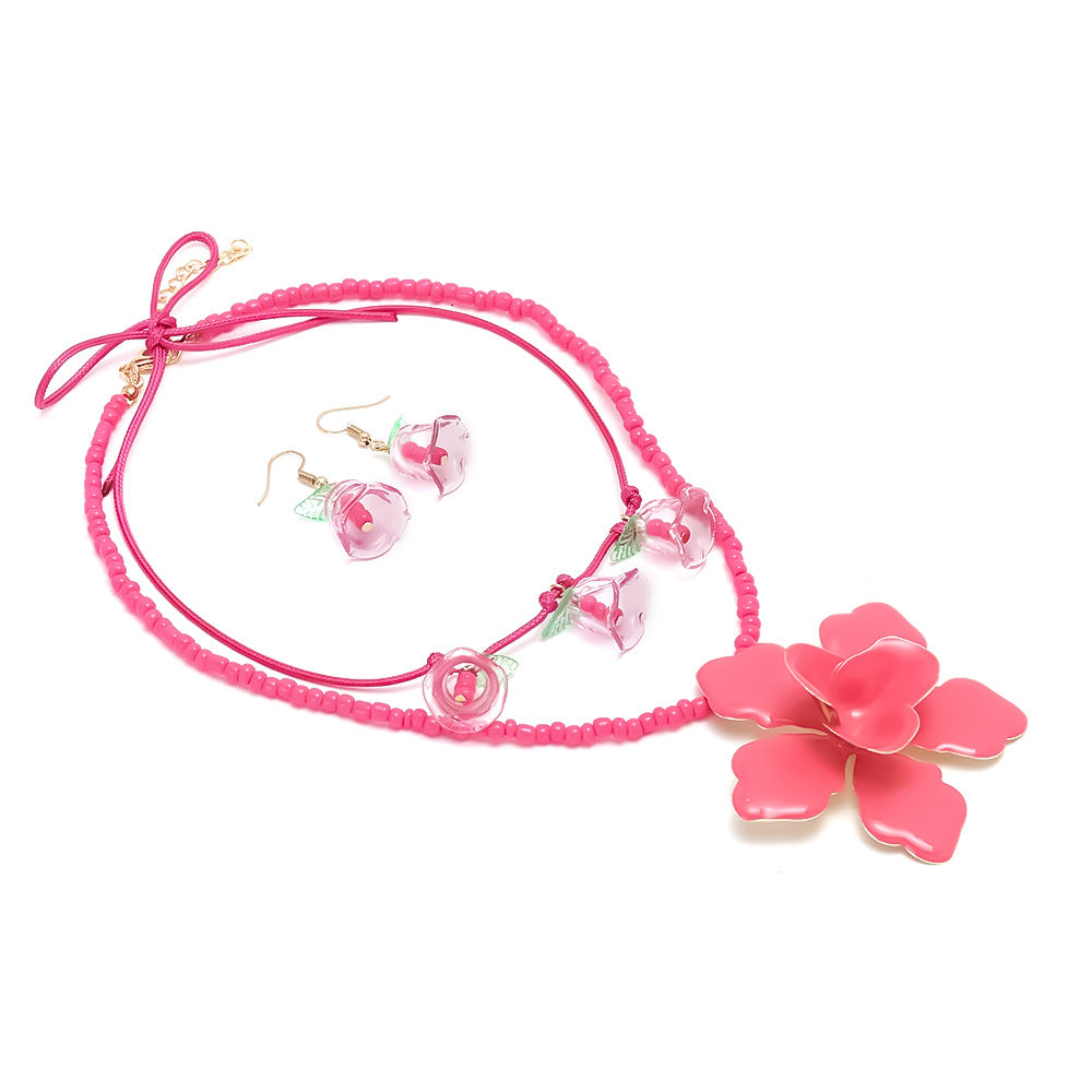Wholesale Handmade Beaded Three-Dimensional Oil-Dropping Flower Pendant Clavicle Chain  Necklace