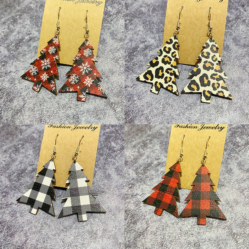 Wholesale Christmas earrings snowflake buffalo plaid Christmas tree wood earrings