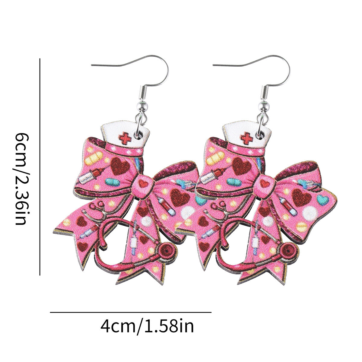 Wholesale Nurses' Day Pink Love Heart Nurse Hat Stethoscope Bow Pendant Earrings