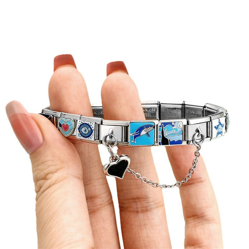 Wholesale Hearts and Love Italian Charms DIY square double-pendant Creative Stainless Steel Composable Bracelet