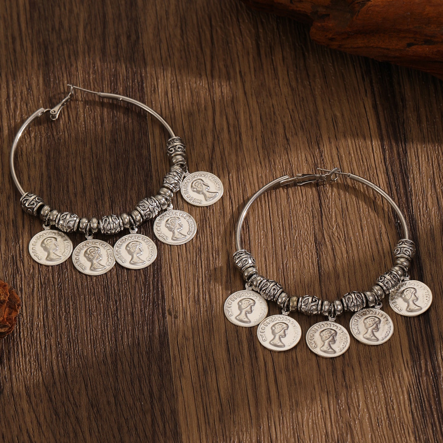 Wholesale Bohemian Vintage Retro Face Relief Large Hoop Earrings For Women Alloy Electroplated Ethnic Style Jewelry Accessory Ancient Silver Finish