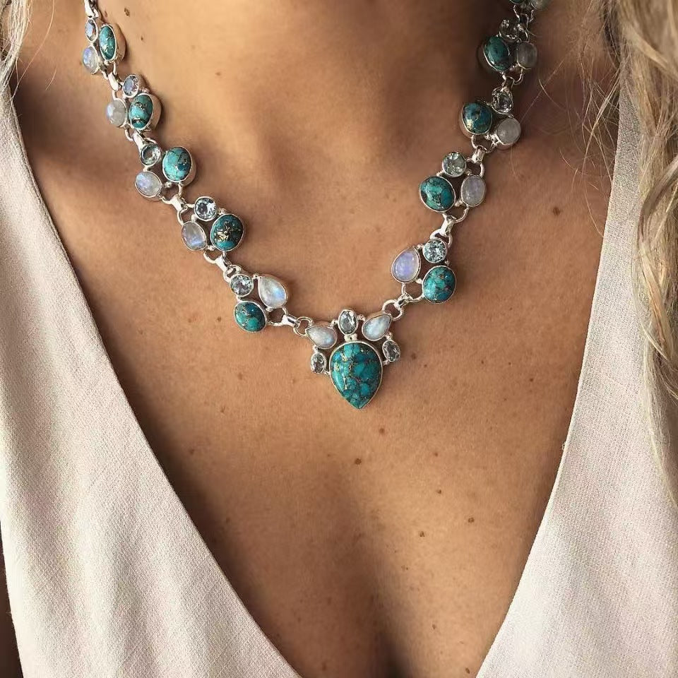 Wholesale Alloy Bohemian Turquoise Flower Necklace Fashion Accessory Gift Boutique Resale