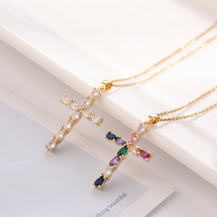 Wholesale Gold Plated Copper Cross Drop Pendant Necklace With Colorful Zircon Stones For Women Everyday Fashion Jewelry