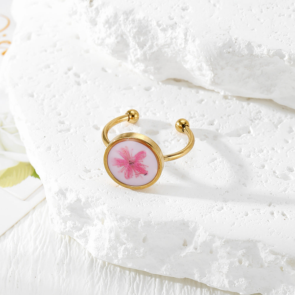 Wholesale Chic Adjustable Stainless Steel Ring With Dried Flower Boutique Resale Jewelry Accessory