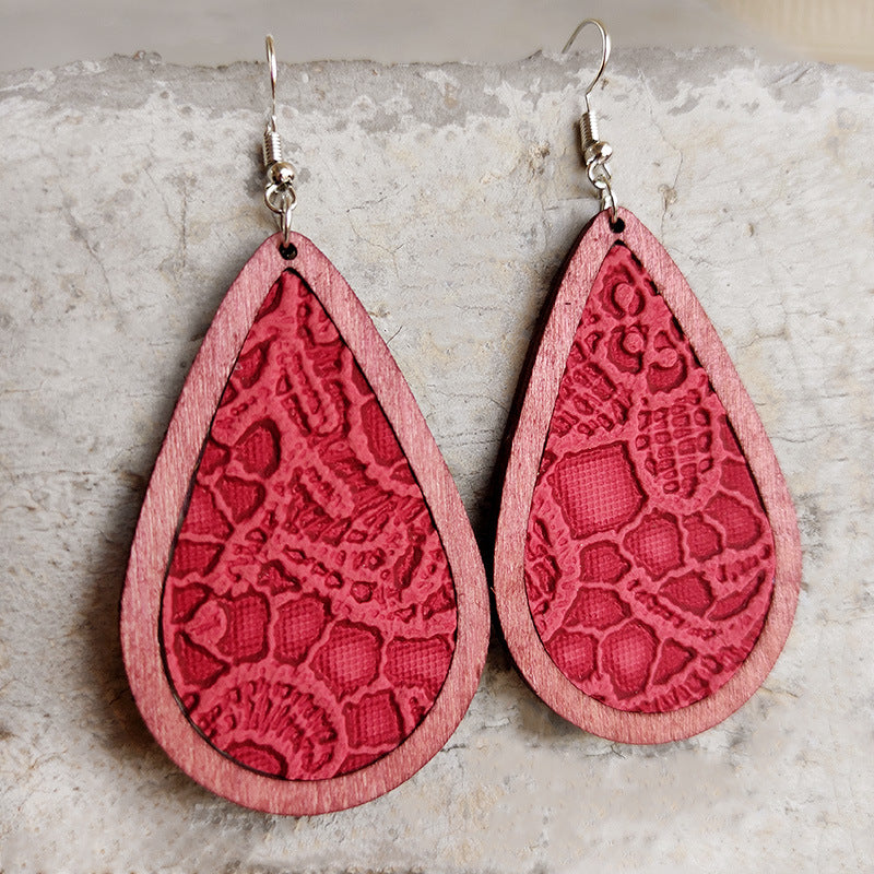Wholesale 2 pairs/ pack Leather embossed teardrop wooden frame Bohemian earrings