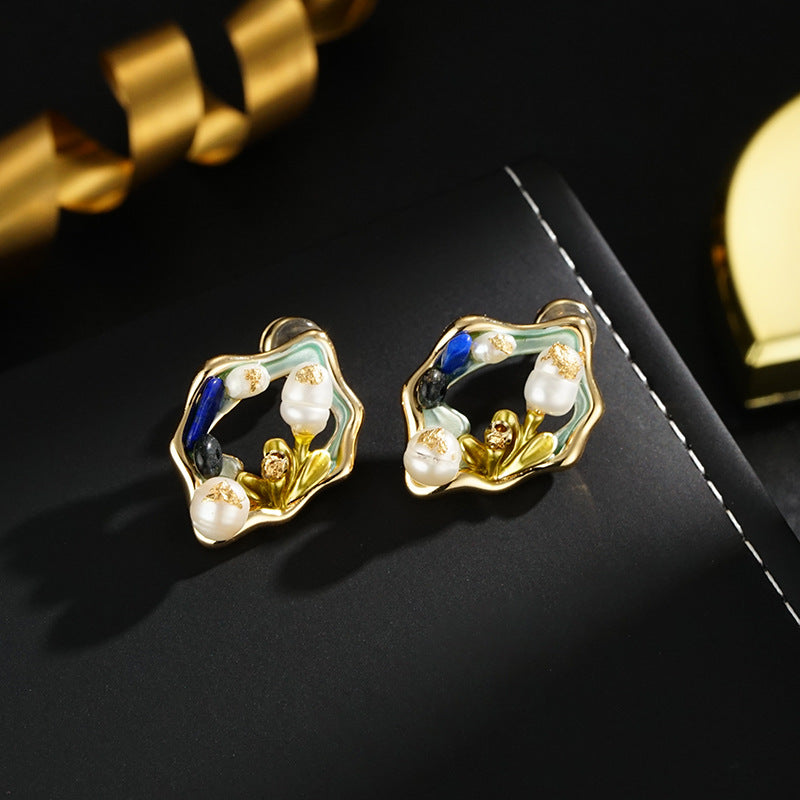 Wholesale Real gold plating silver needle  water pearl flower earrings