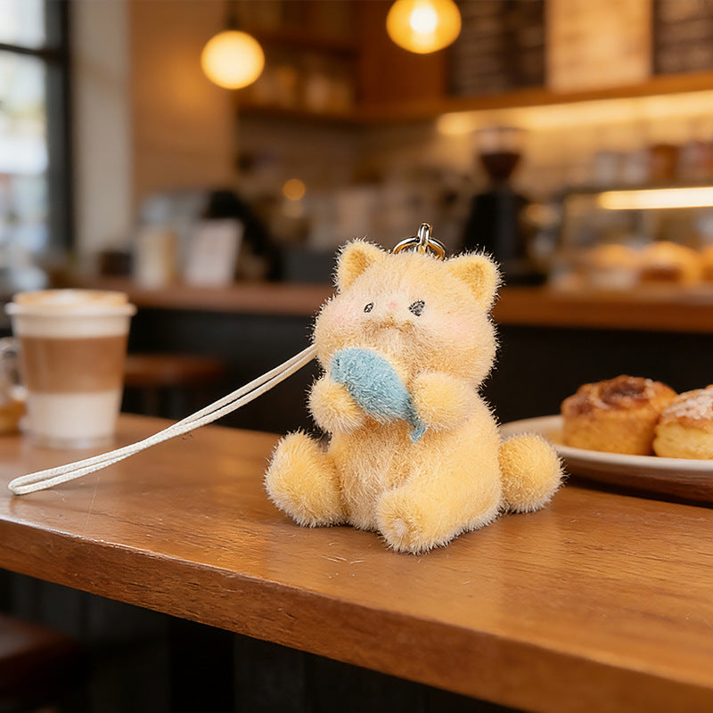 Wholesale Keychain 3D Flocked Chubby Orange Cat Eating Fish Phone Charm DIY Cute Pendant