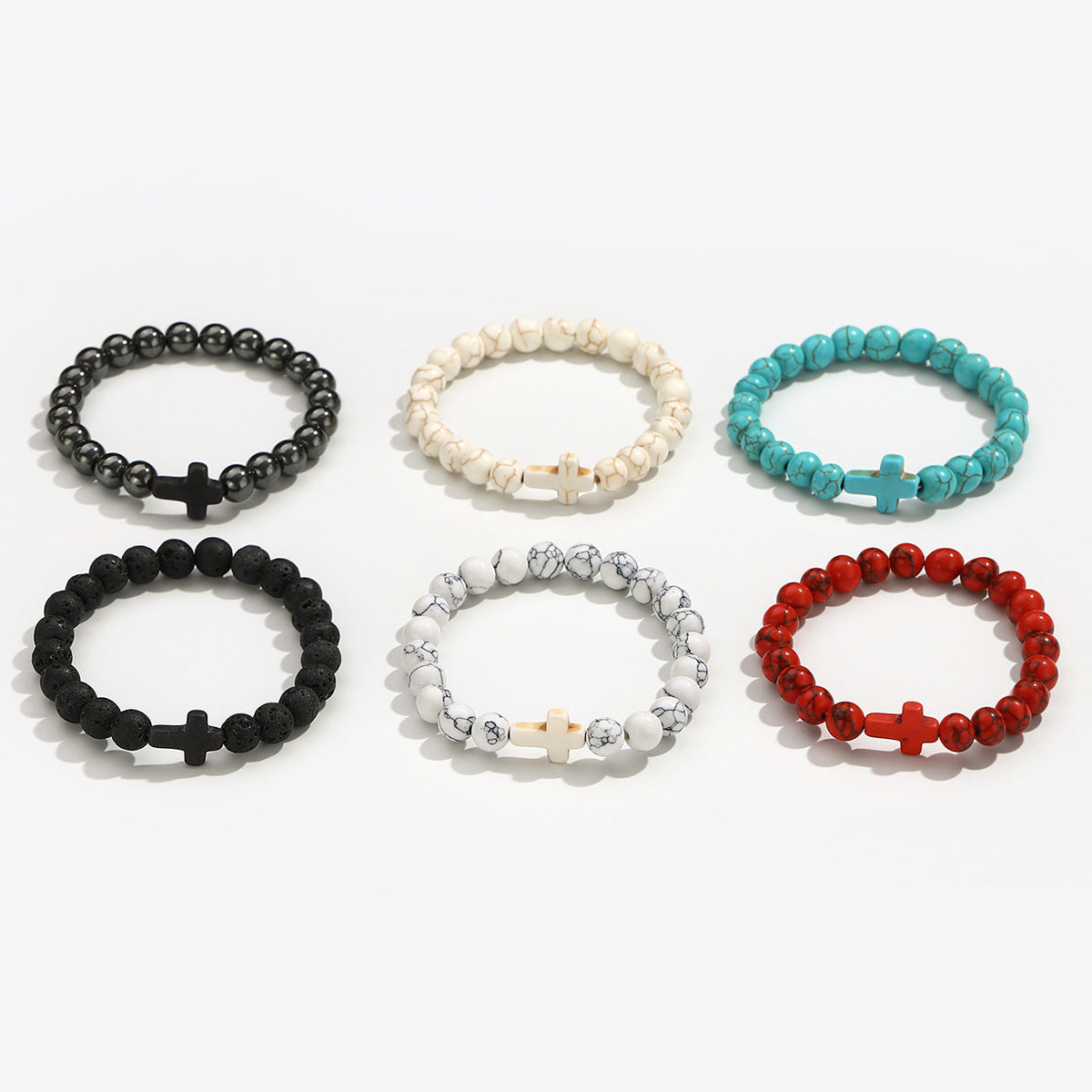 Wholesale Vintage Turquoise Cross Stretch Bracelet Unisex Religious Jewelry With Volcanic Stone Handmade Beaded Bracelet Gift Boutique Resale