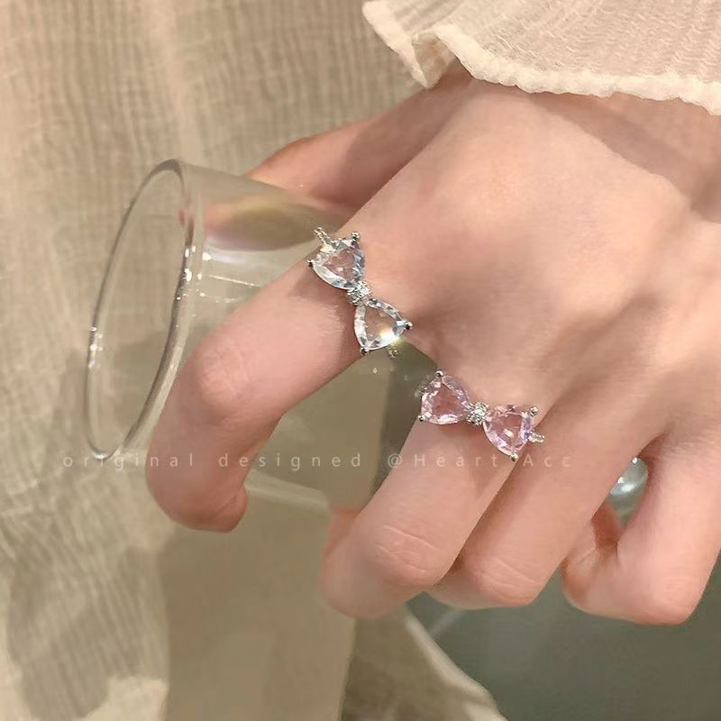 Wholesale Zircon Crystal Bow Open Ring For Women Pink Tone Adjustable Design Fashion Jewelry Accessory Everyday Wear Boutique Resale