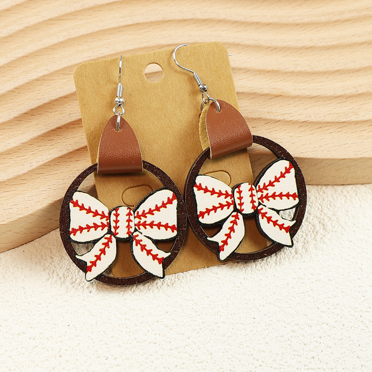 Wholesale Sports Sunflower Flower Baseball Bow Leather Wooden  Earrings