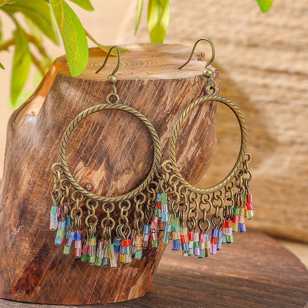 Wholesale Bohemian Handmade Beaded Tassel Earrings Alloy Colorful Rice Beads Fashion Accessory