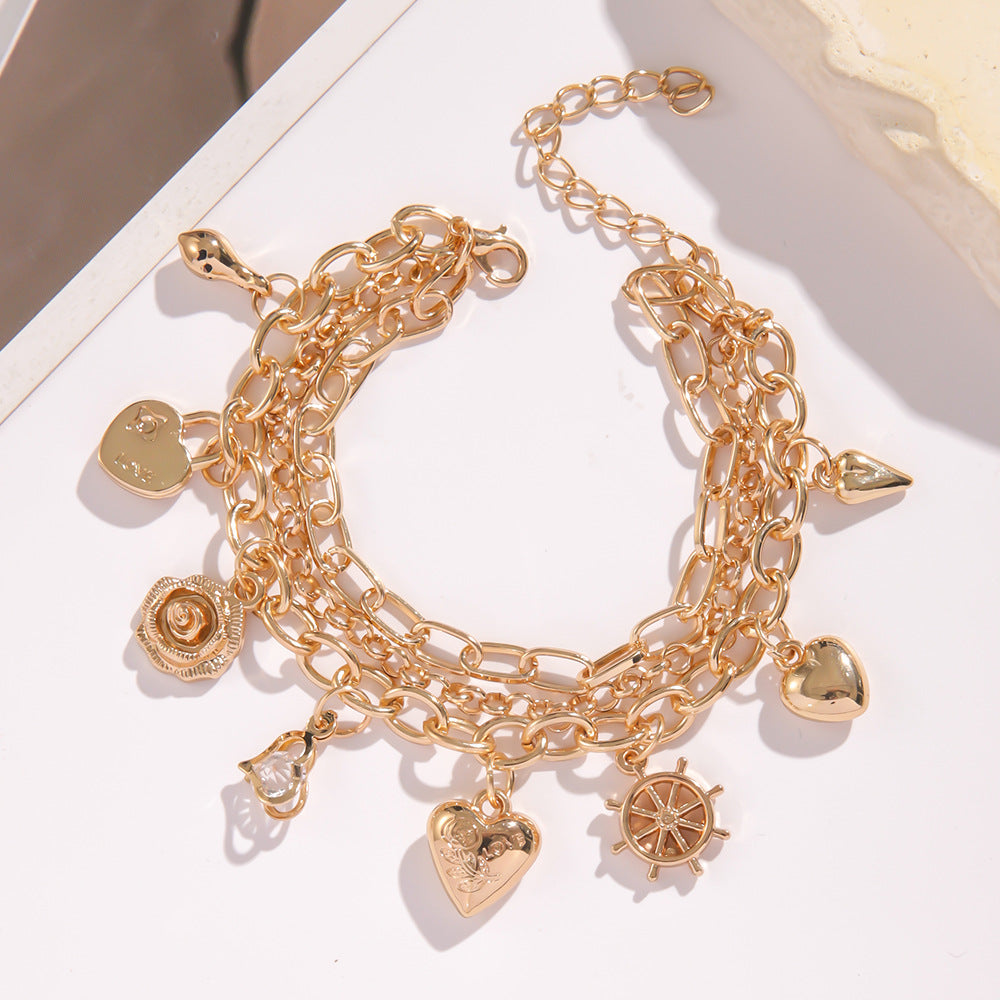 Wholesale Trendy Multi-Layer Love Rose Adjustable Pendant Bracelet Electroplated Alloy Jewelry Accessory