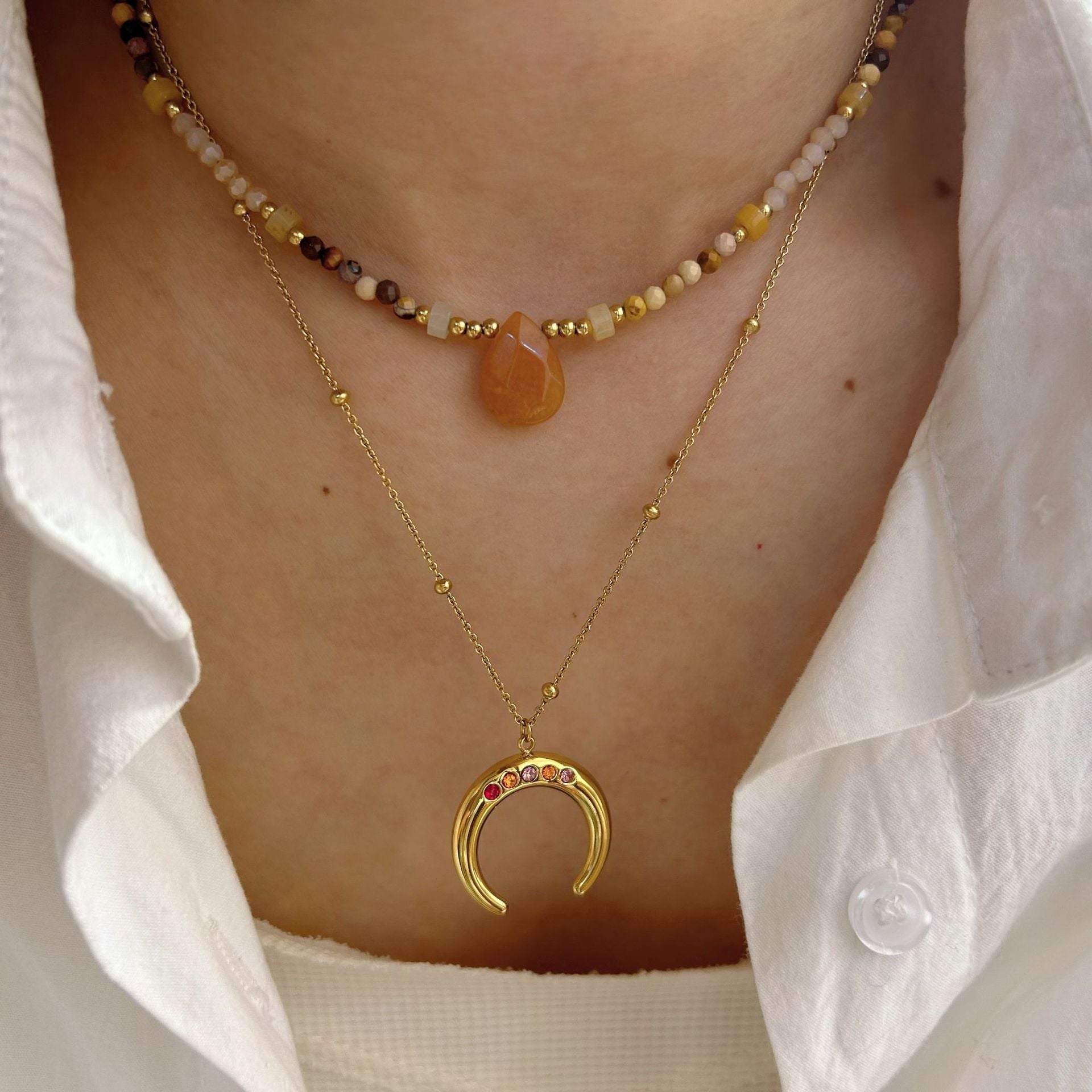 Wholesale Natural stone necklace with diamond moon oil drop sun titanium steel chain