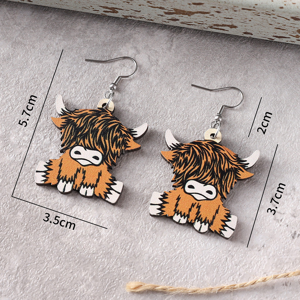 Wholesale western style retro  cow head  double-sided wooden earrings