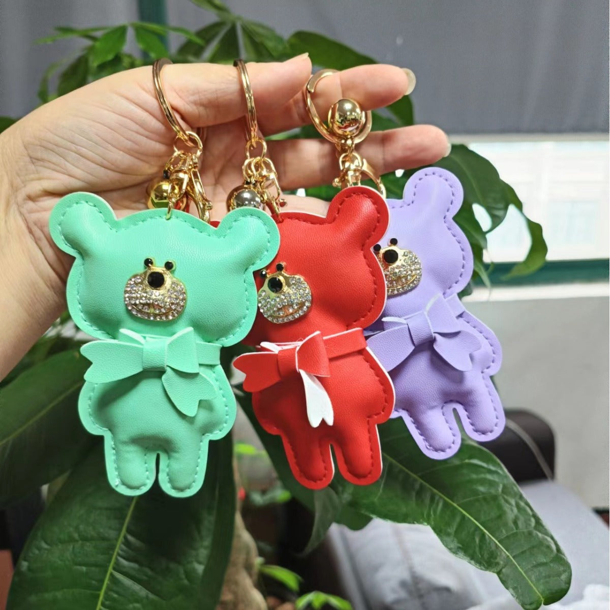 Wholesale Chic European Style Red Leather Bow Bear Keychain Animal Keyring Pendant Bag Charm Gift