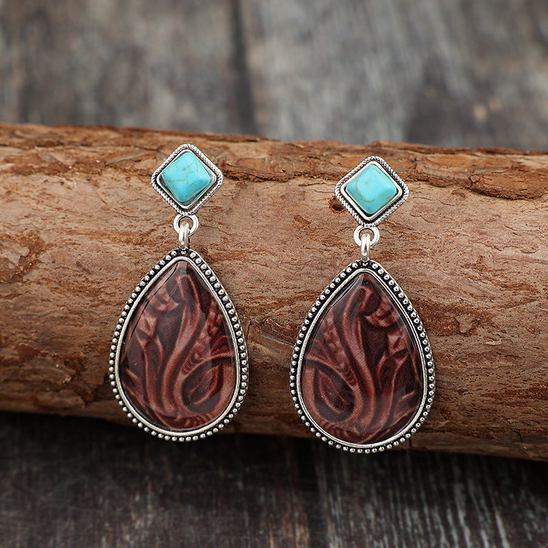Wholesale retro drop-shaped rubber drop pattern inlaid turquoise alloy fashion earrings