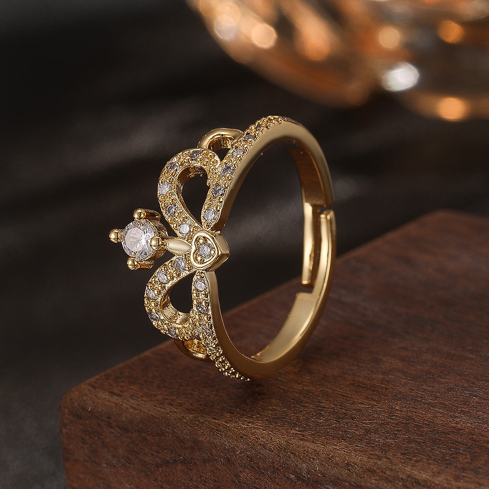 Wholesale Crown Hollowed Adjustable Open Ring Gold Copper Zircon Jewelry Accessory Couple Gift Boutique Resale