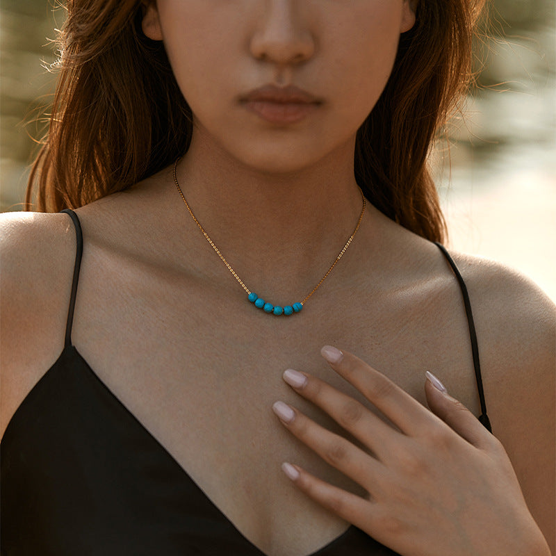 Wholesale Handmade Turquoise Beaded Necklace 18K Gold Plated Clavicle Chain Boutique Resale