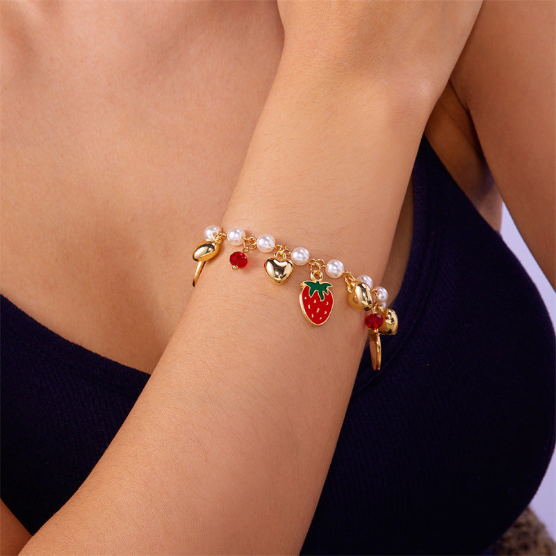 Wholesale Trendy Sweet Pearl Bracelet With Crystal Cherry Strawberry And Heart Charms Adjustable Fashion Jewelry Accessory For Women Boutique Resale And Gift
