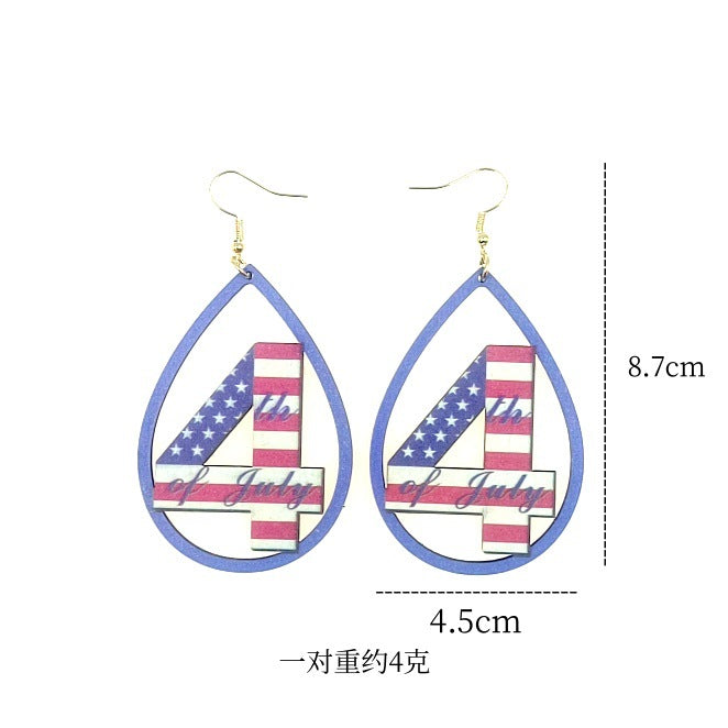 Wholesale American Independence Day Teardrop Print Wood Earrings ACC-ES-Yinx002