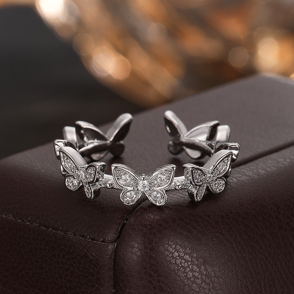 Wholesale Trendy Gold Butterfly Rhinestone Adjustable Ring Copper Zircon Fashion Jewelry Accessory For Men Women Everyday Wear Gift
