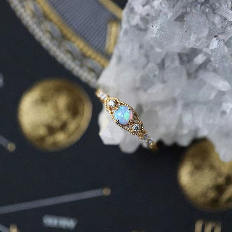 Wholesale Copper Gold Plated Adjustable Opal Ring Retro Geometric Fashion Accessory for Women