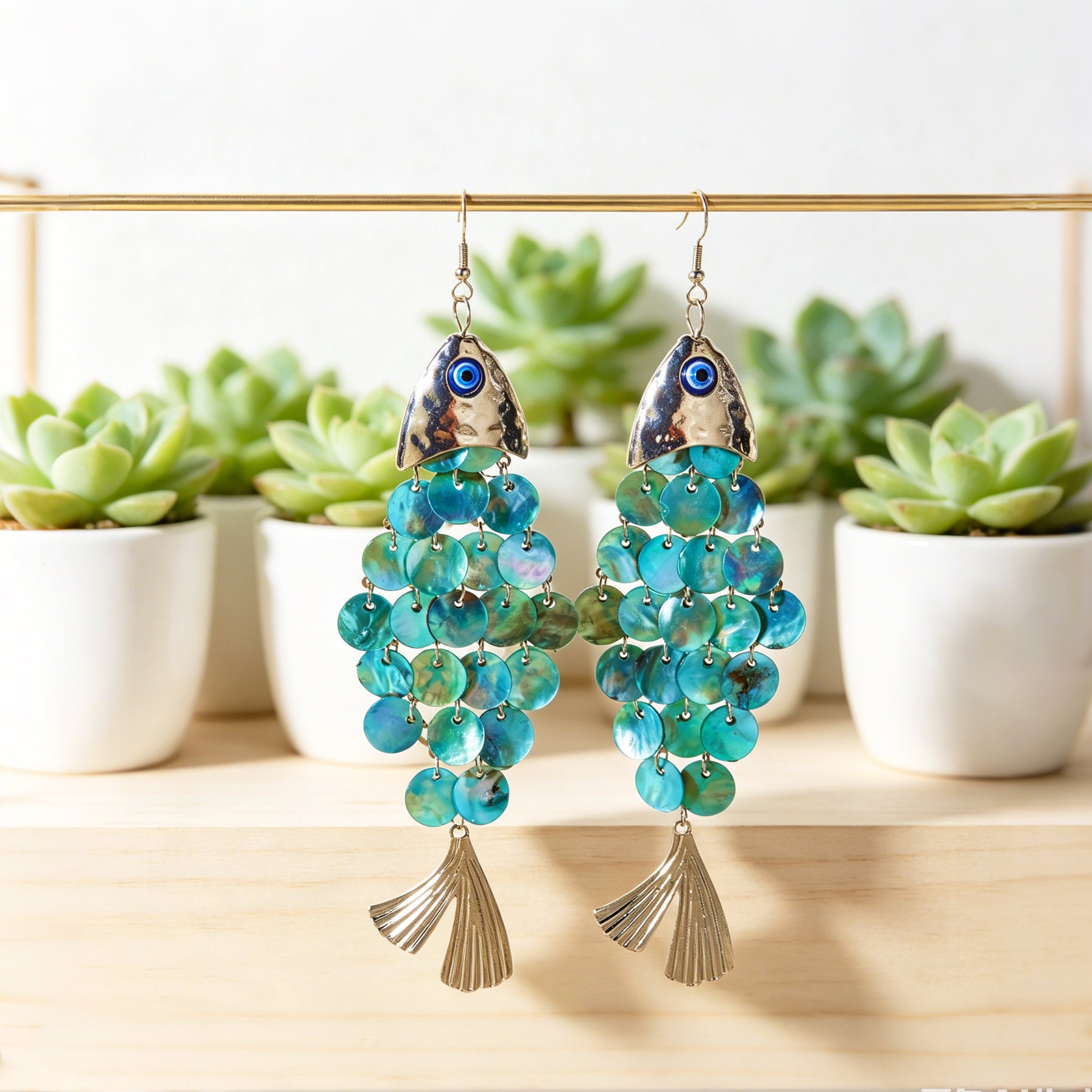 Wholesale Zinc Alloy Devil' s Eye Shell Fish Earrings - Retro Holiday Long Tassel Earrings for Resale Fashion Accessory