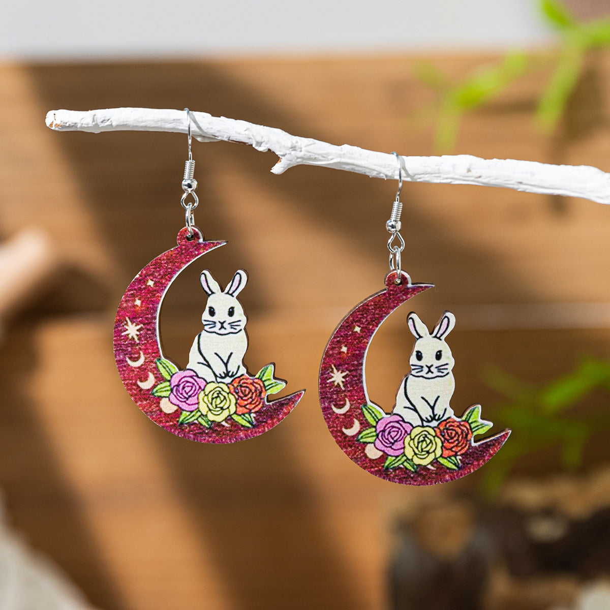 Wholesale Easter Bunny Moon Wooden Earrings