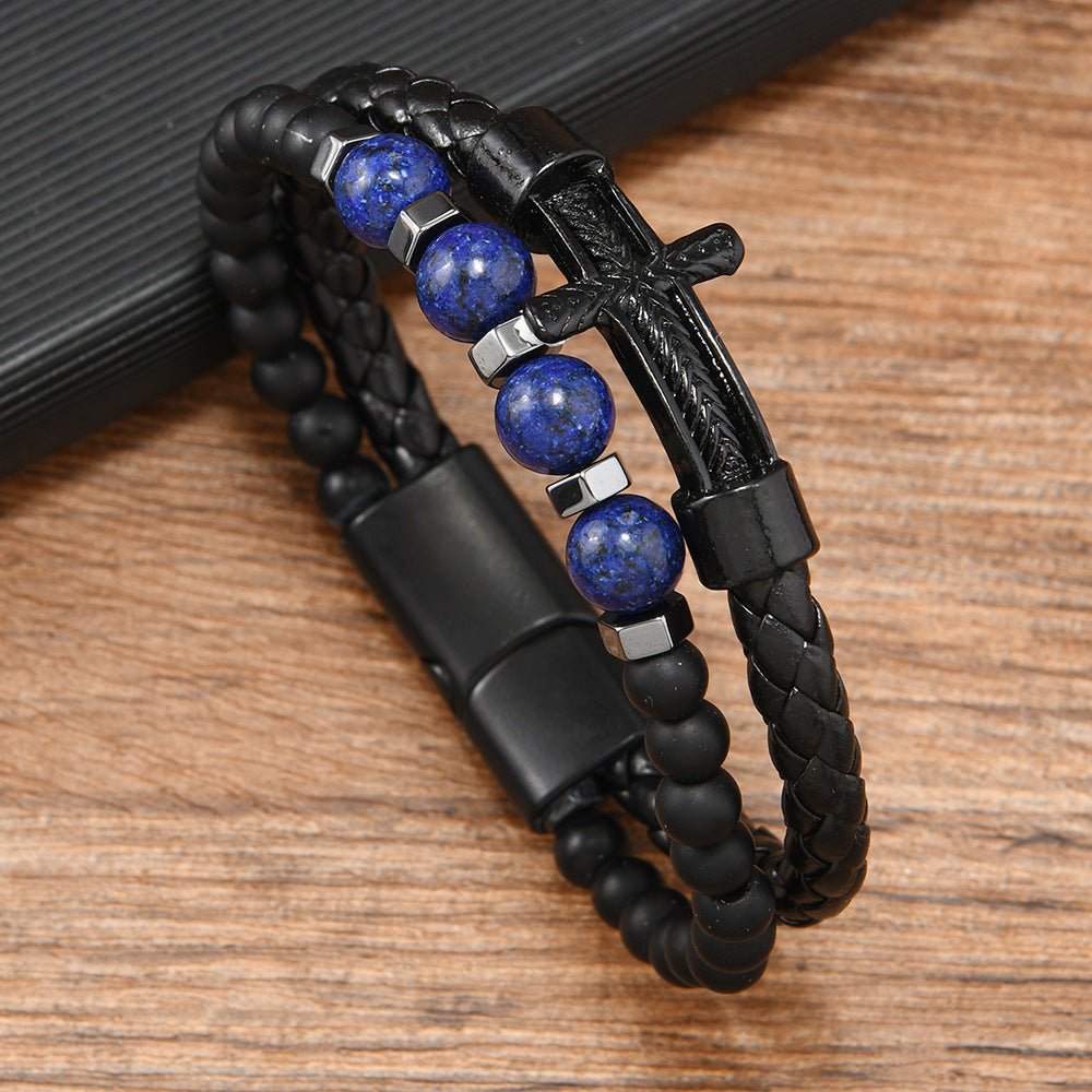 Wholesale Punk Natural Stone Beaded Cross Vintage Men' s Leather Bracelet