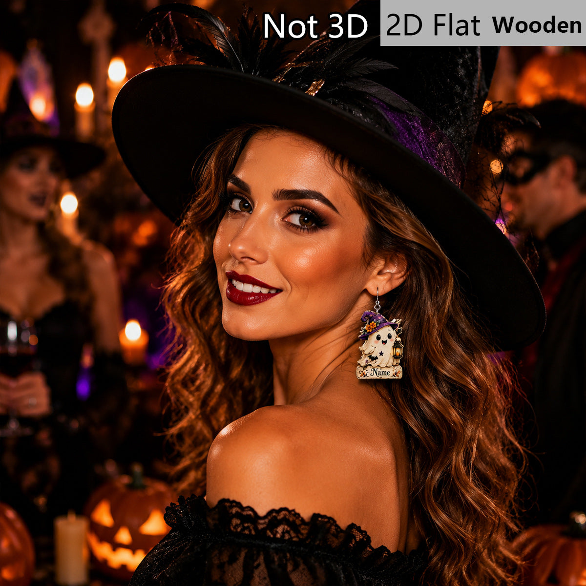 Wholesale Wooden  Earrings Purple Witch Hat Lantern Ghost Painted Retro Party Jewelry Accessory