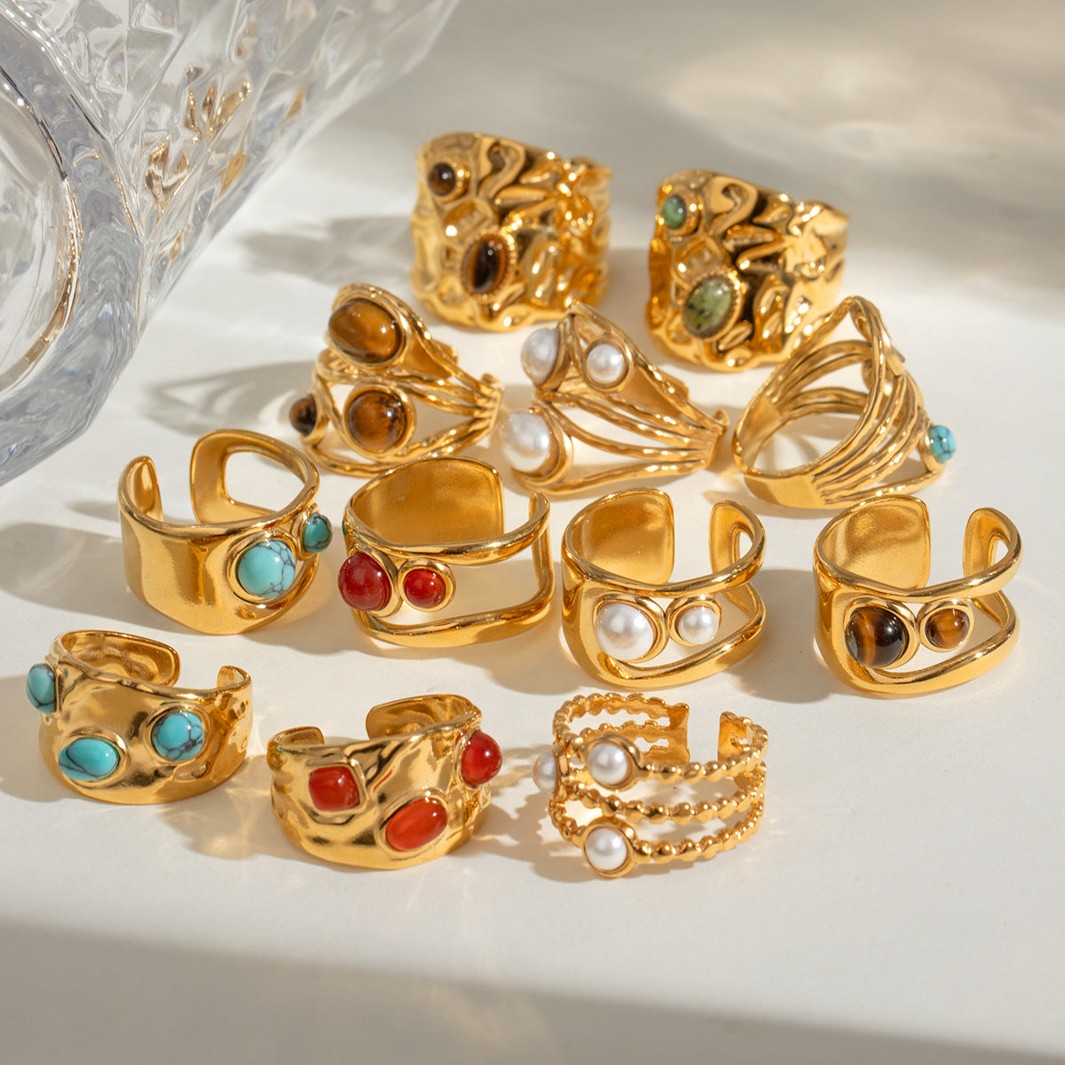 Wholesale 18k gold stainless steel round  pearl smooth hollow opening ring