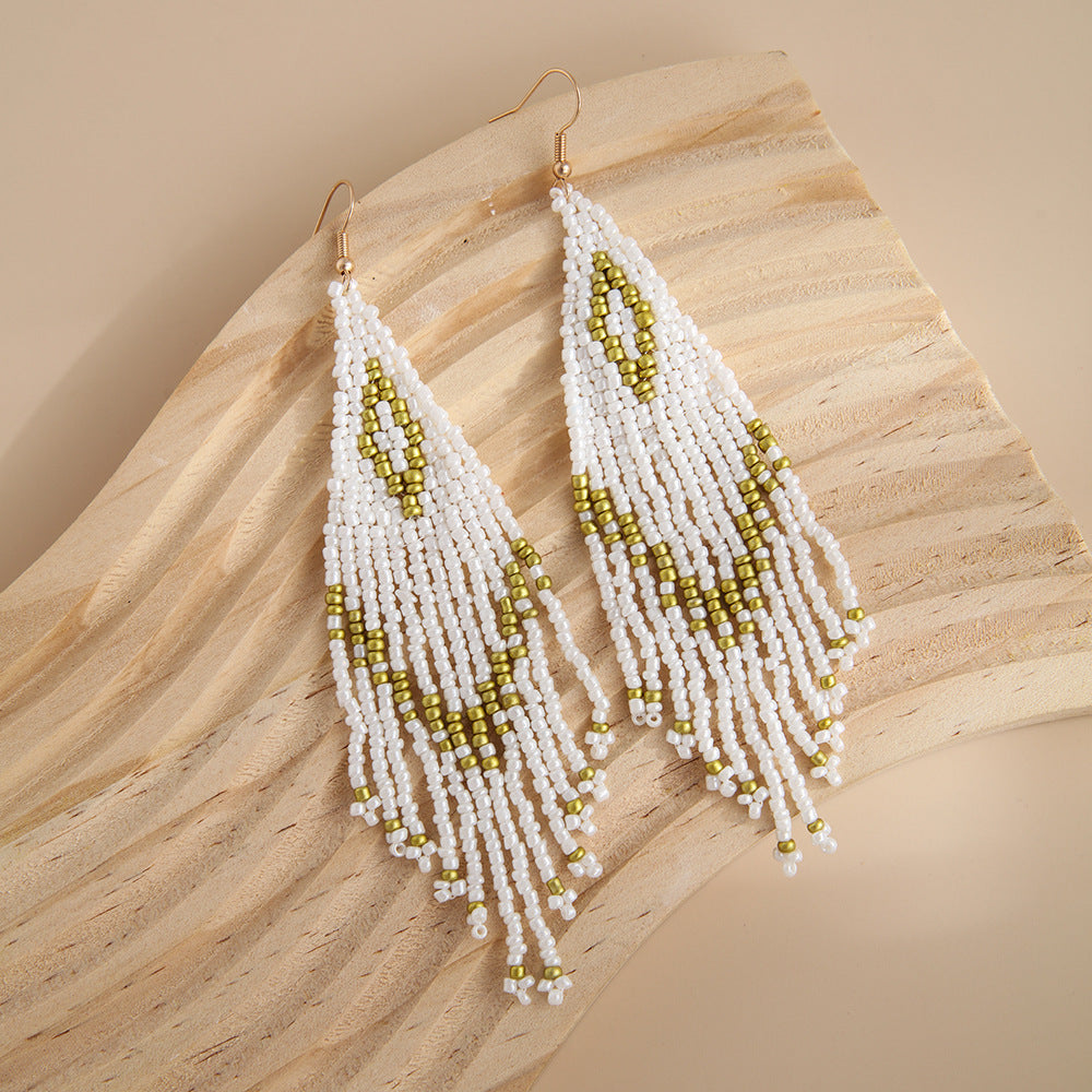 Wholesale Exaggerated Rhombus Colorful Rice Beads Tassel Earrings Bohemian Style ACC-ES-Lant002
