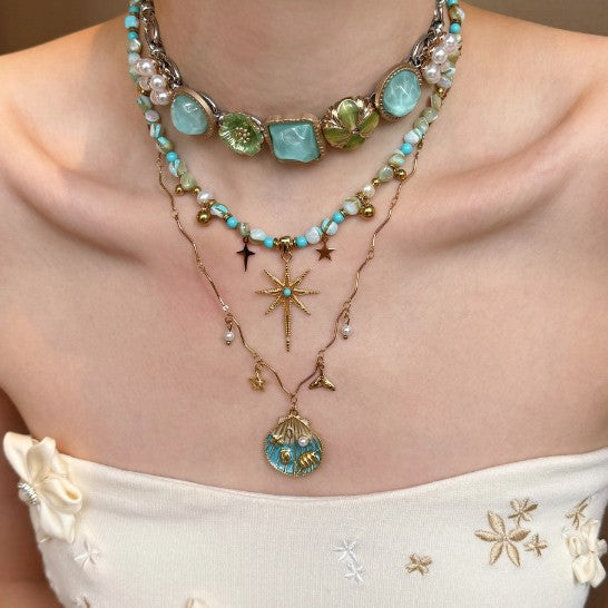 Wholesale Retro Bohemian Beaded Necklace Mixed Materials Alloy Pendant Fashion Jewelry Accessory