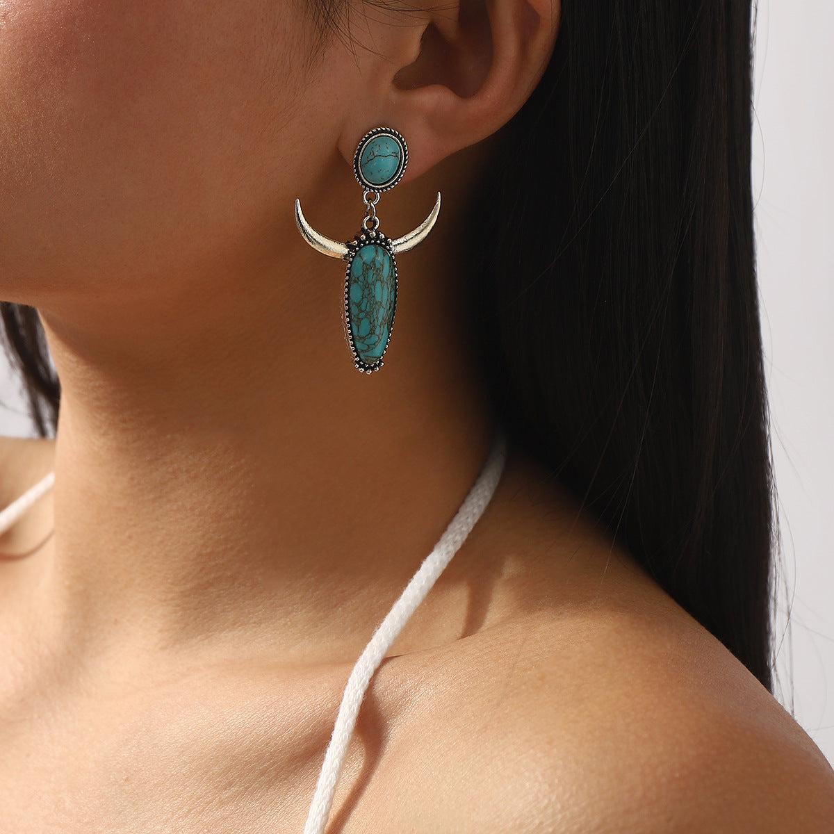 Wholesale 10pcs/pack  retro creative bohemian style cow head personality geometric turquoise earrings for women