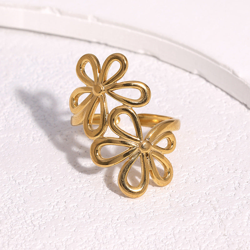Wholesale Modern Flower Open Ring Adjustable Stainless Steel Gold Women Fashion Jewelry Accessory Gift