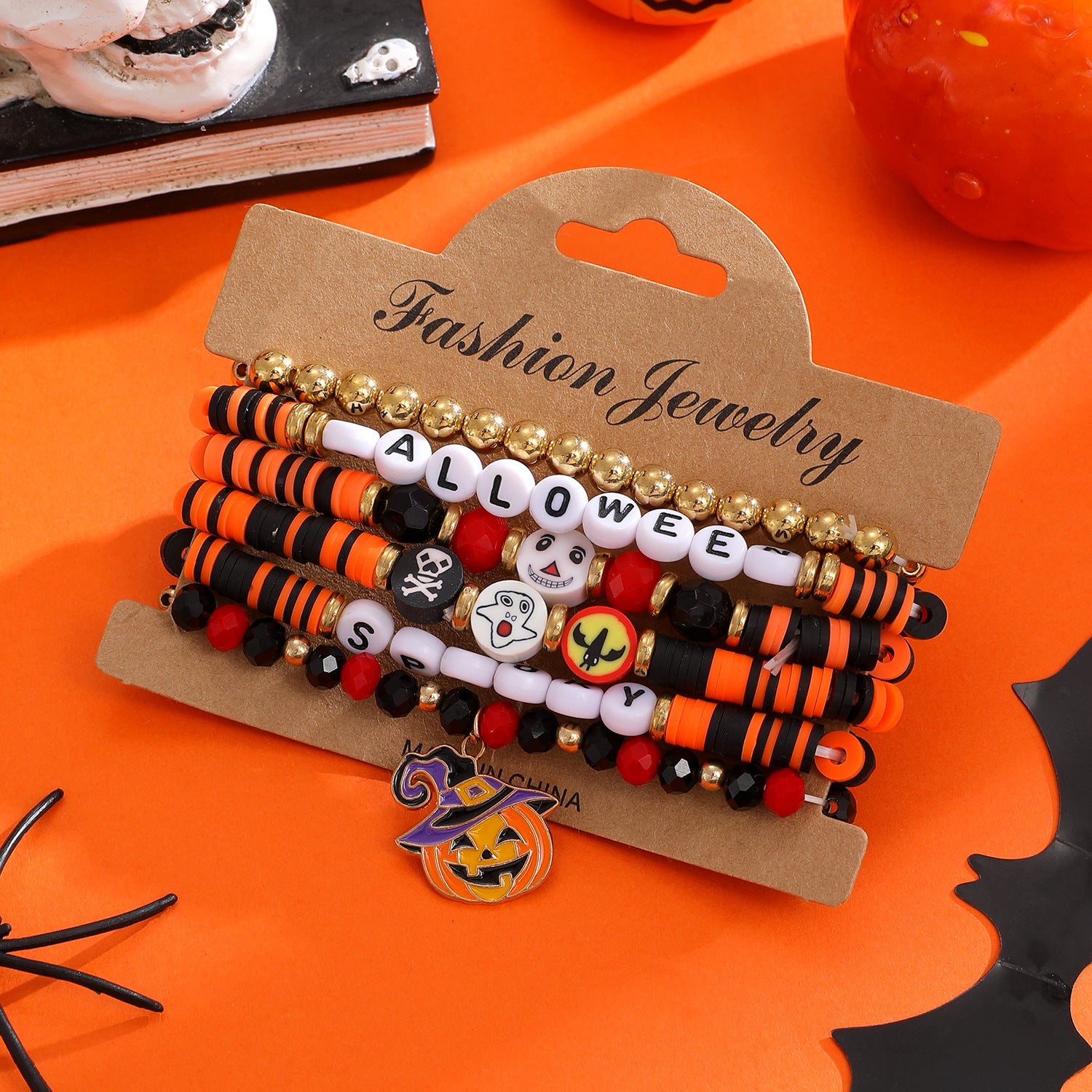 Wholesale  Skull Pumpkin Bracelet Set Soft Clay Gold Tone Handmade Fashion Accessory