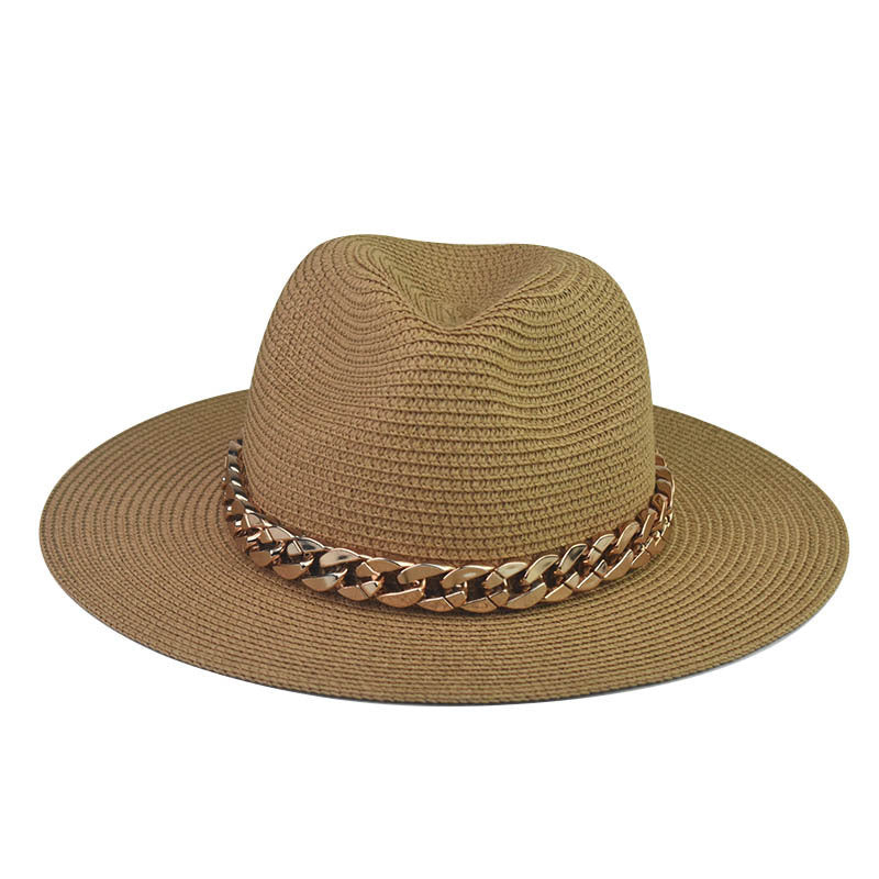 Wholesale Trendy Wide Brim Straw Hat With Gold Chain Decoration Flat Top Khaki Sun Hat For Summer Casual Wear