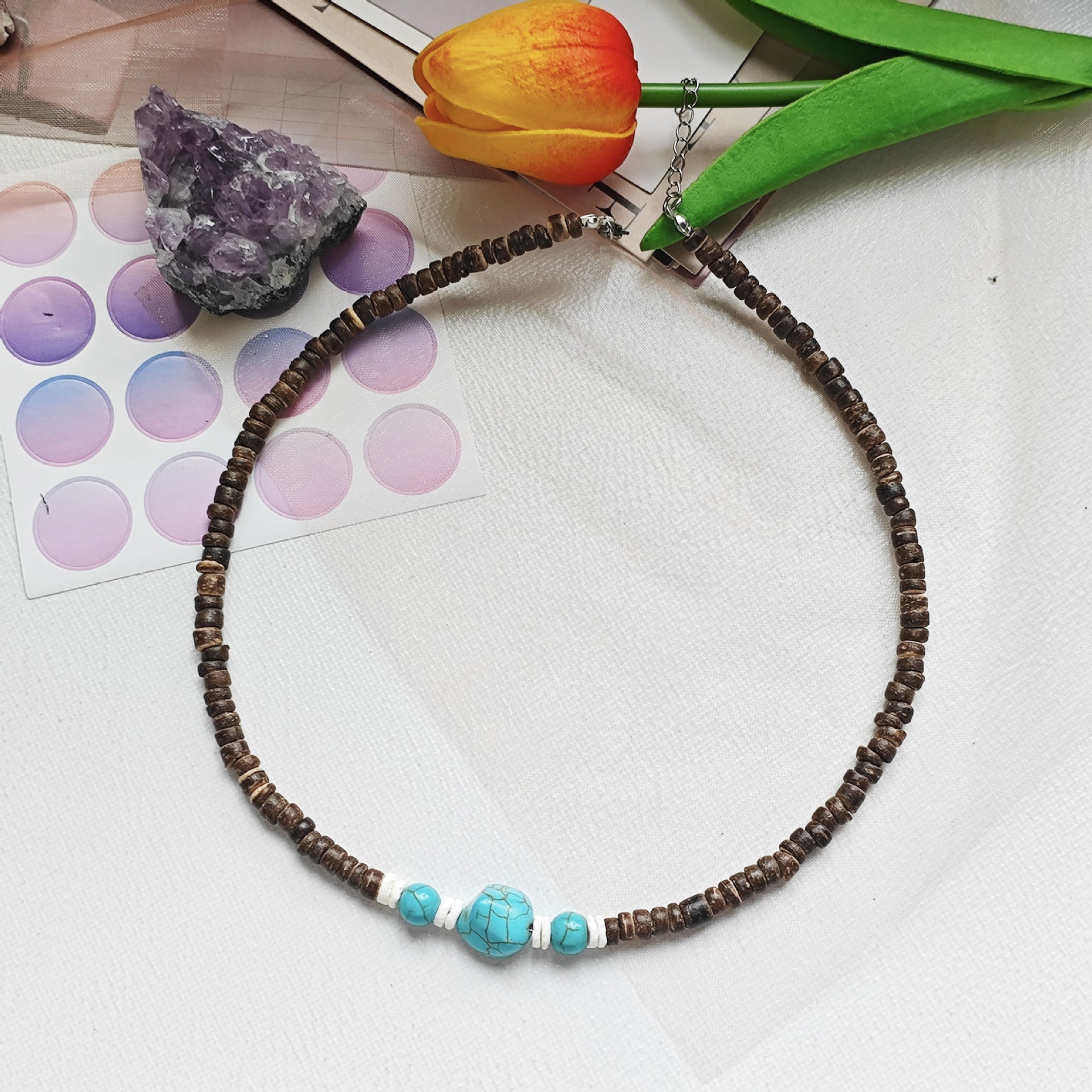 Wholesale Boho Style nut Shell Turquoise Necklace Stainless Steel Jewelry Accessory for Men Women