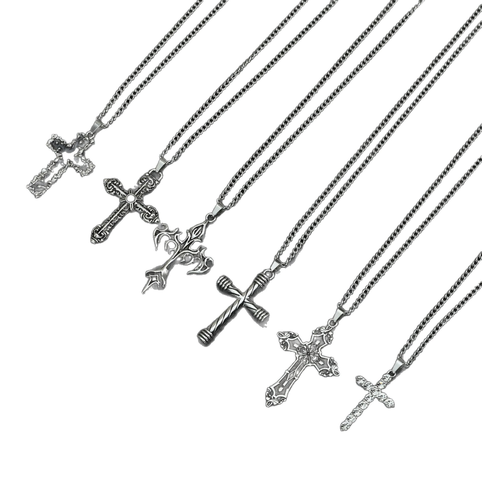 Wholesale Retro Hip Hop Cross Pendant Necklace Zinc Alloy Electroplated Long Chain Jewelry Accessory Gift