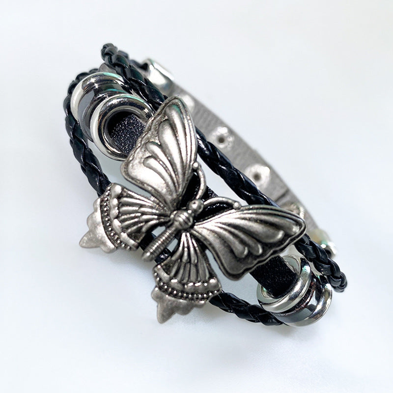 Wholesale  Retro Dark Butterfly Rock Leather Bracelet