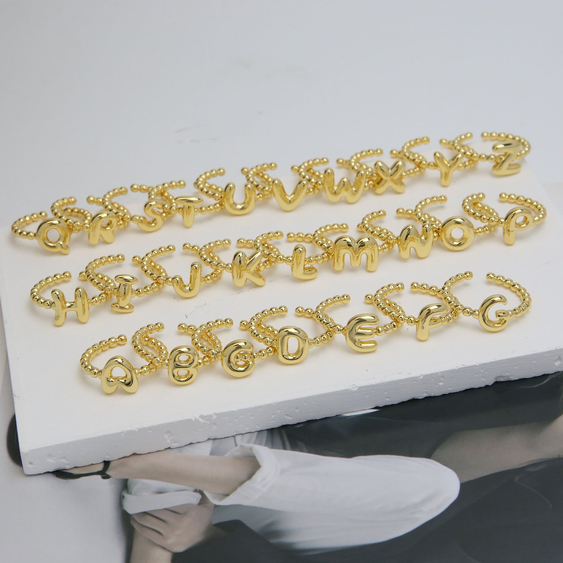 Wholesale  18k Golden Glaze Brass Bubble Balloon Letter  26 Ring