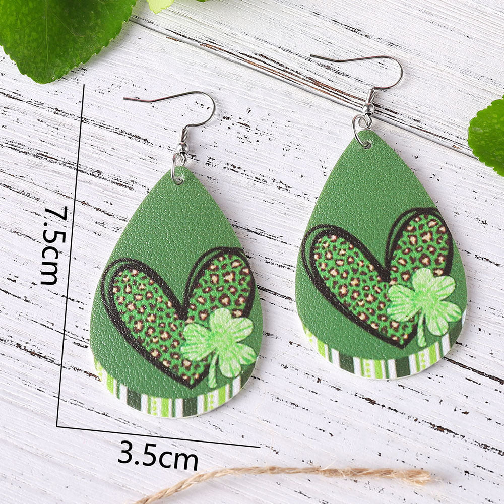 Wholesale St Patrick's Day  Green  leopard print love clover earrings