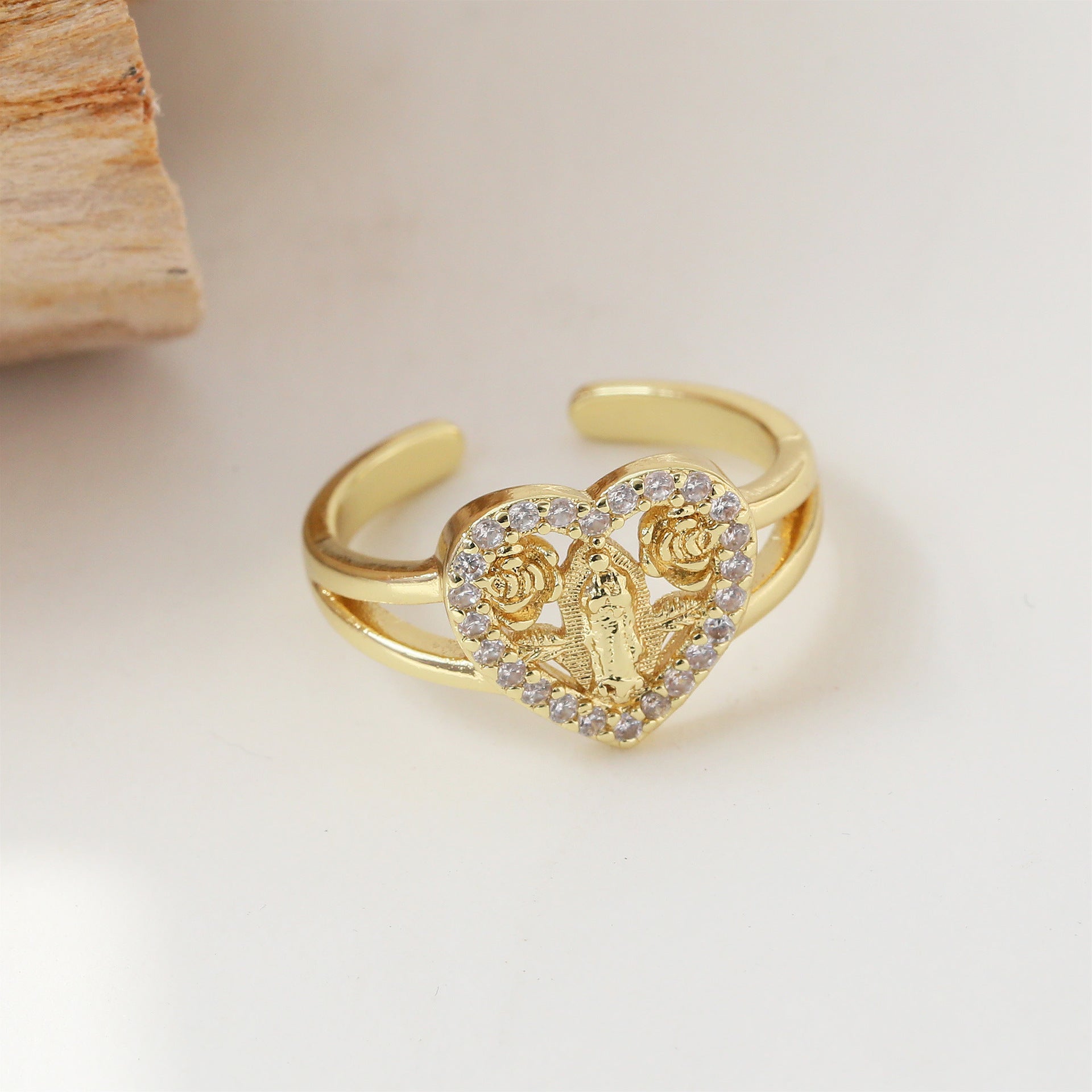 Wholesale TK trendy gold-plated bronze religious heart-shaped flower Virgin Mary open ring for ladies.