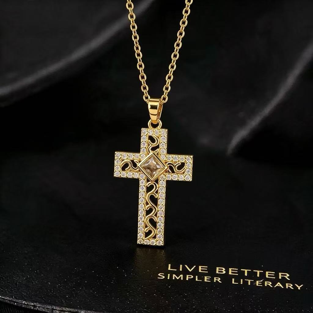 Wholesale Gold Plated Copper Zircon Cross Pendant Necklace Fashion Jewelry Accessory Boutique Resale