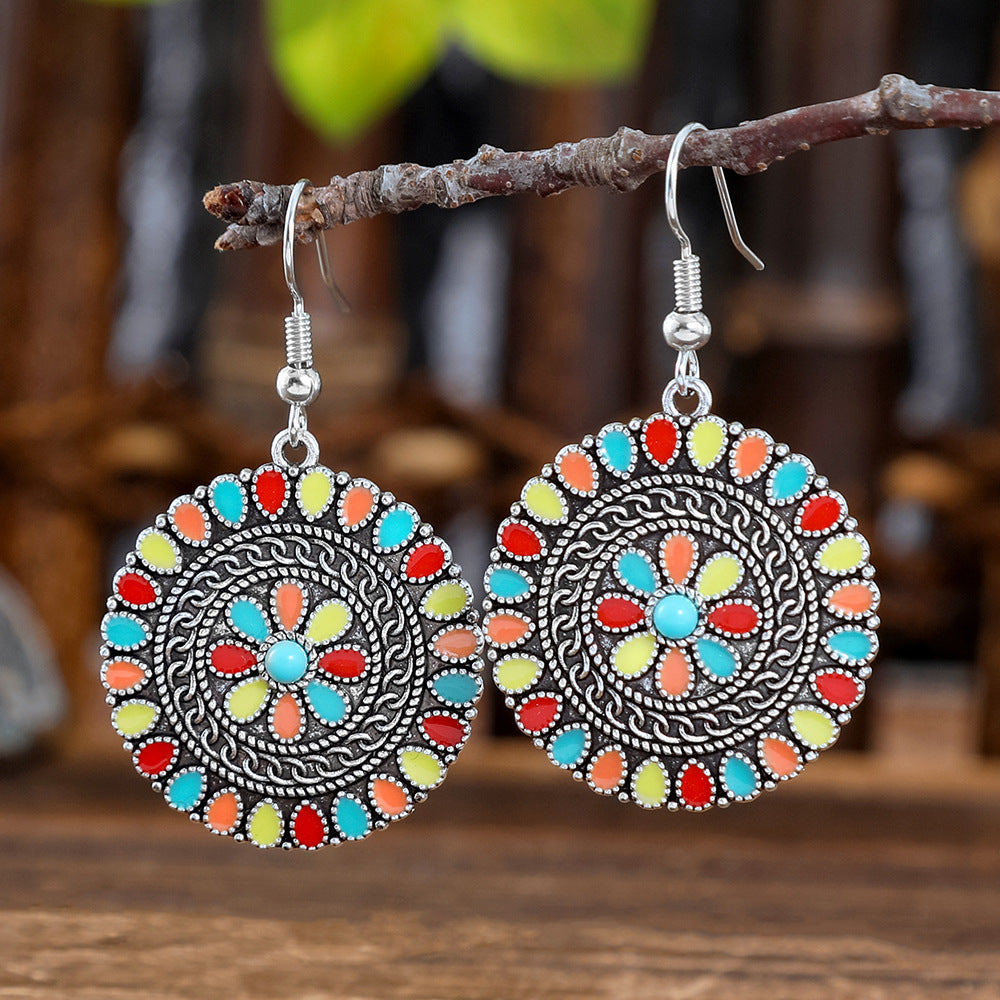 Wholesale Alloy Bohemian Hook Earrings Retro Ethnic Turquoise Oil-Drip Style for Women Gift Boutique Resale