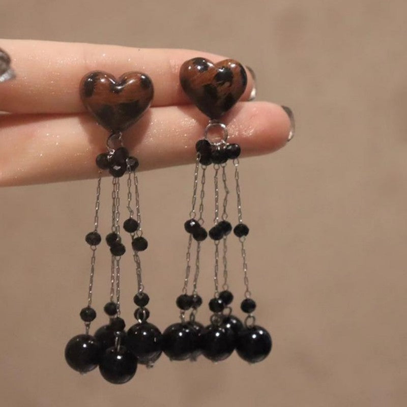 Wholesale black tassel long leopard print heart earrings