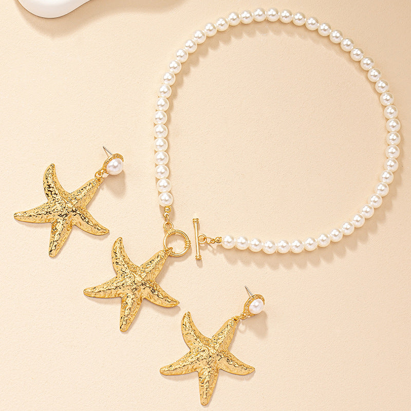 Wholesale Alloy Electroplated Sea Star Earring And Necklace Set Pearl Chain Beach Style For Women
