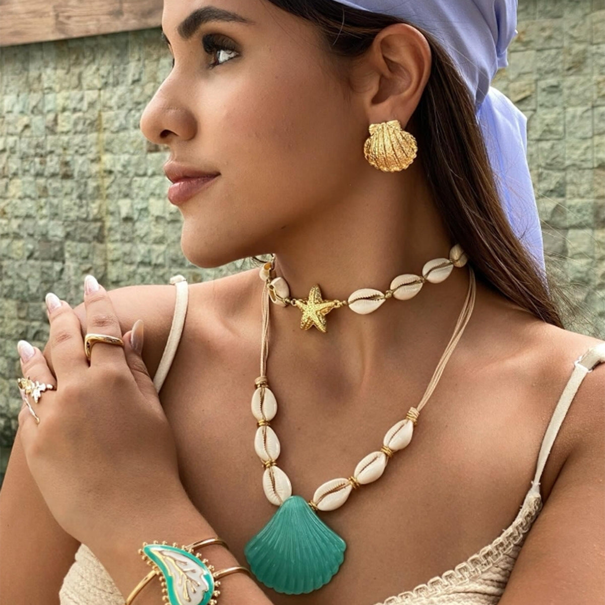 Wholesale Bohemian beach style exaggerated shell pendant necklace double layered necklace